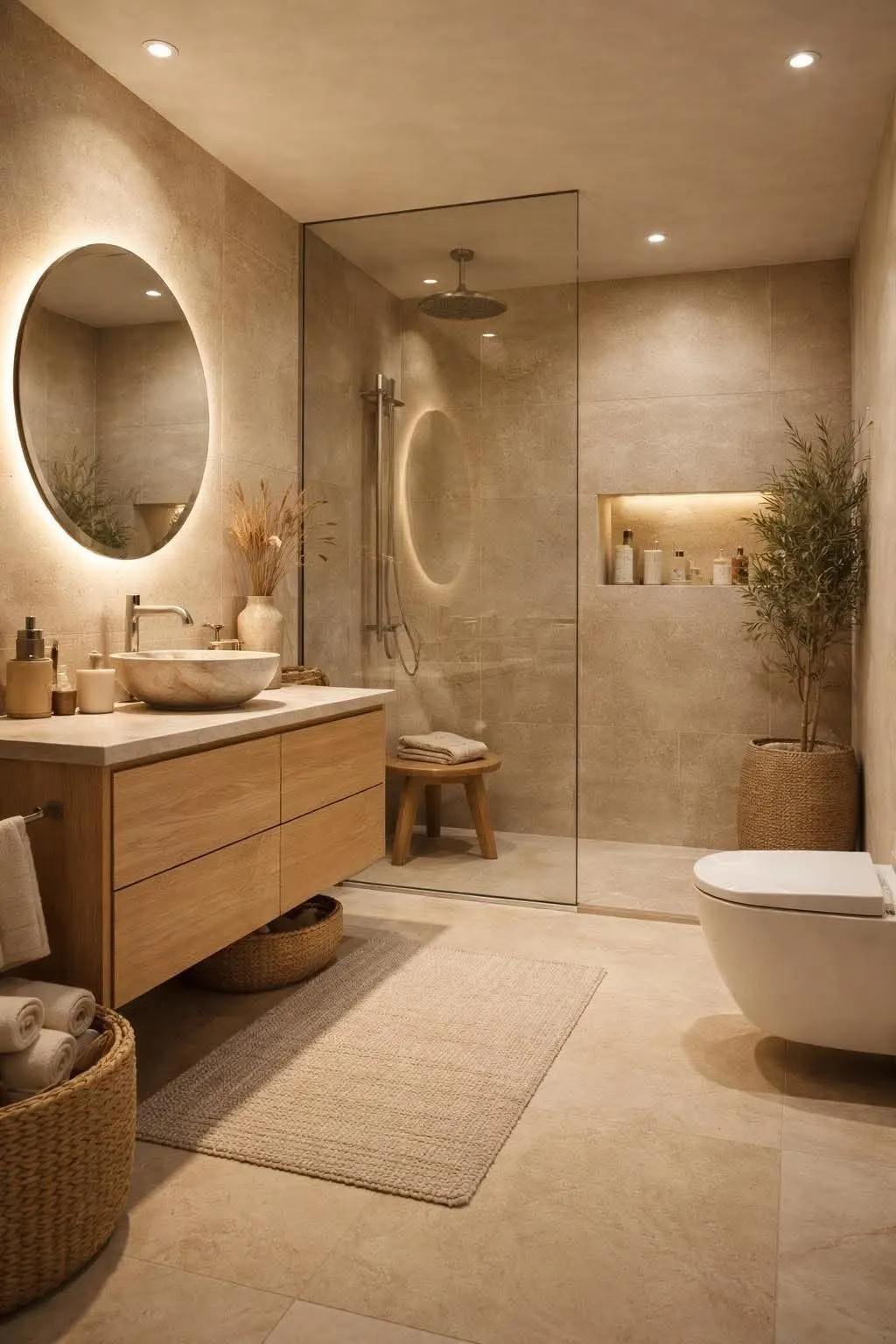 Minimalistisches Badezimmer mit Naturstein und Holzakzenten