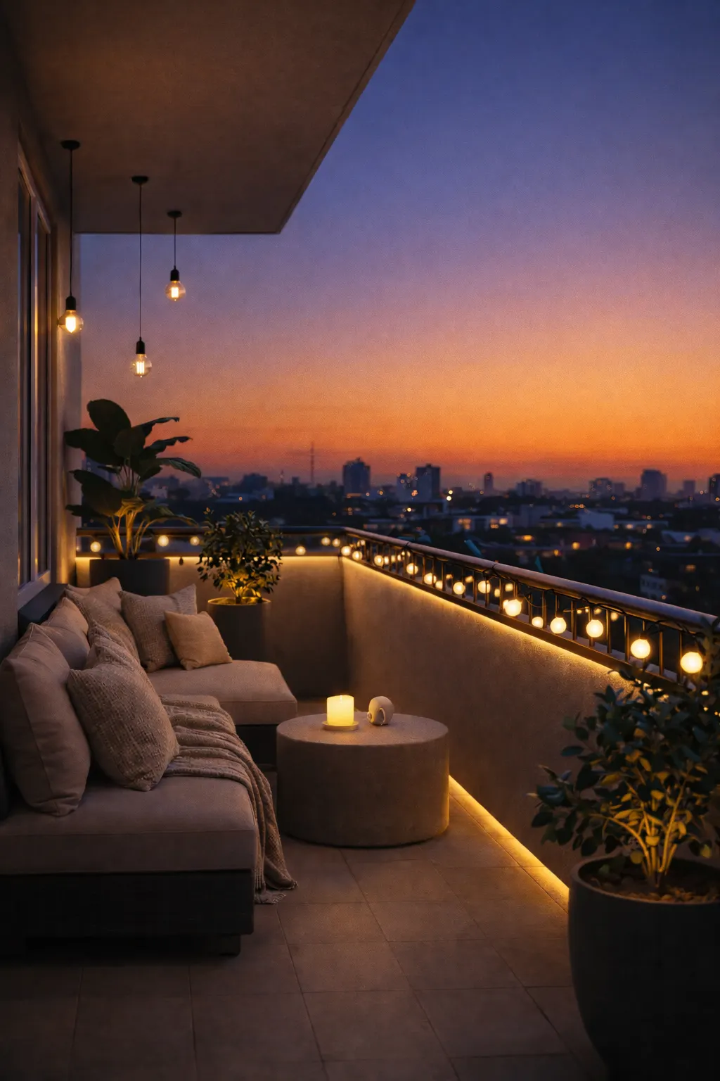 Kleiner Balkon mit Pflanzen und gemütlicher Sitzecke