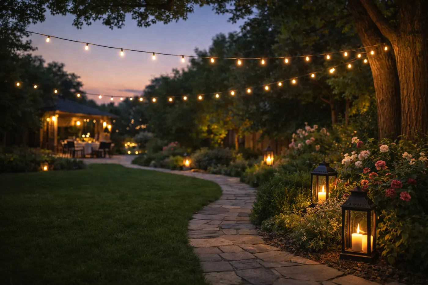 Gepflegter Garten mit Holzterrasse und Sitzecke