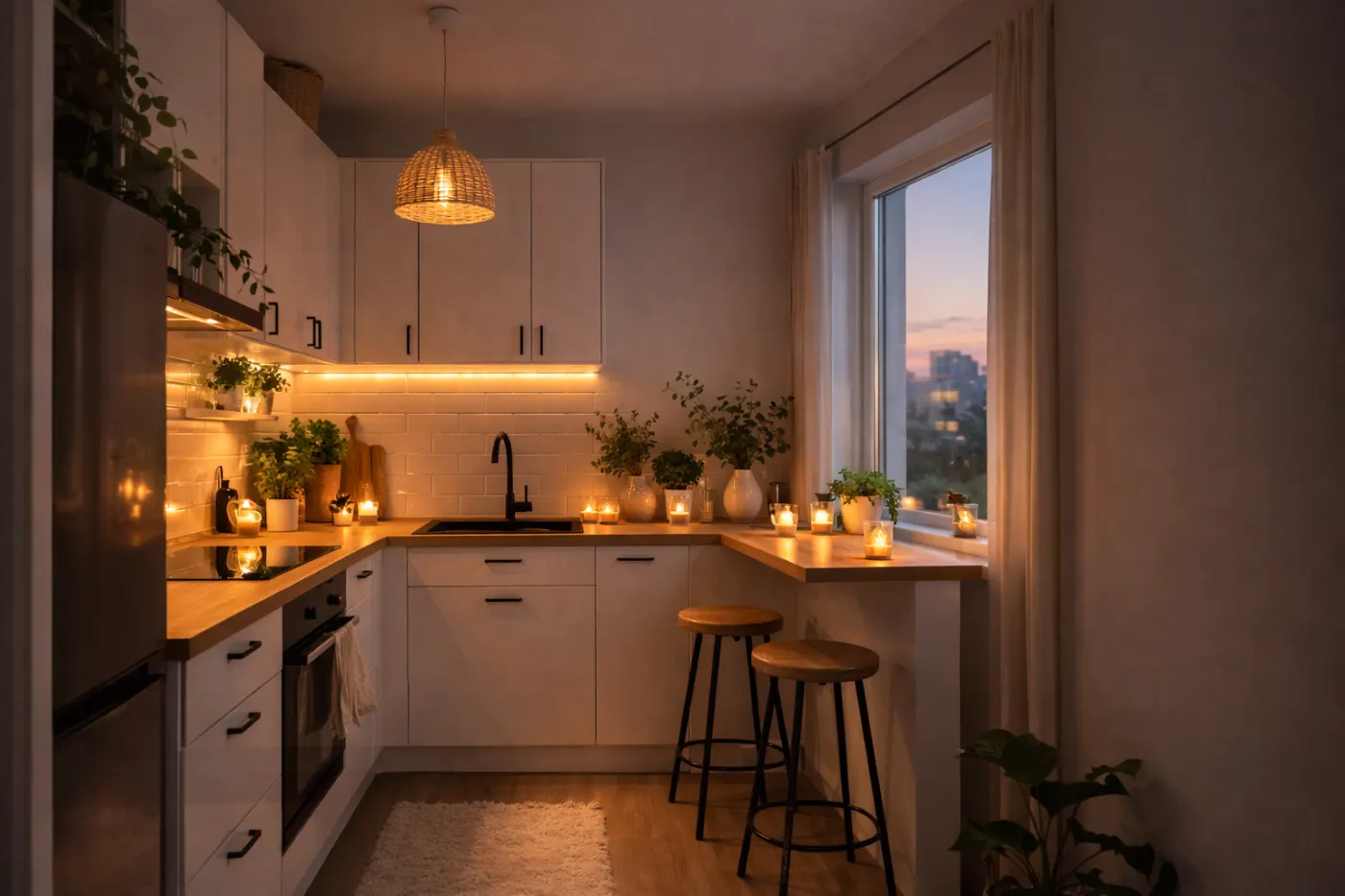 Helle kleine Küche mit ruhiger Ordnung, Holzdetails und natürlicher Deko