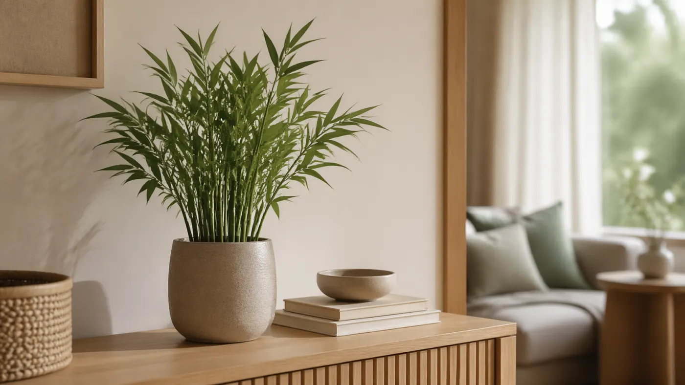 Bambus-Deko in Keramiktopf auf hellem Sideboard im Wohnzimmer