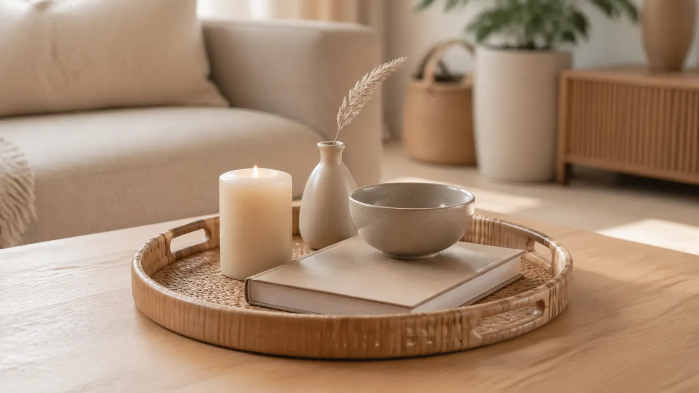 Couchtisch mit Tablett, Kerze, Schale und Buch in neutralem Wohnzimmer
