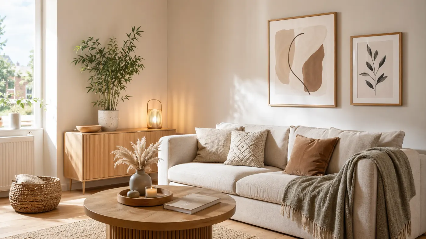 Helles Wohnzimmer mit Bambus-Deko, Keramikvase, Couchtisch-Tablett, Kissen, Wandbildern und Korb