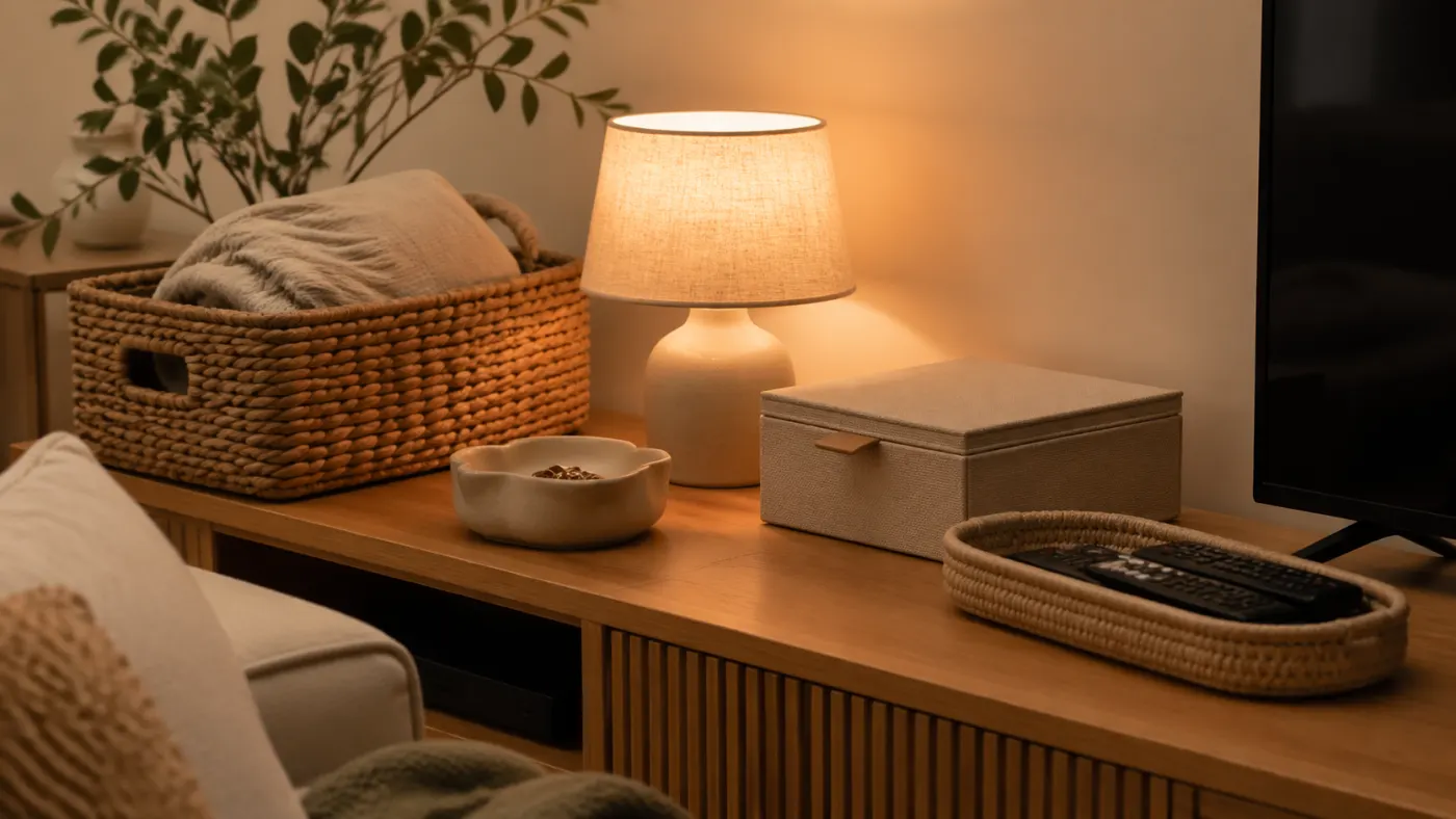 Wohnzimmerecke mit Seegras-Korb, gefalteter Decke und kleiner warmer Lampe