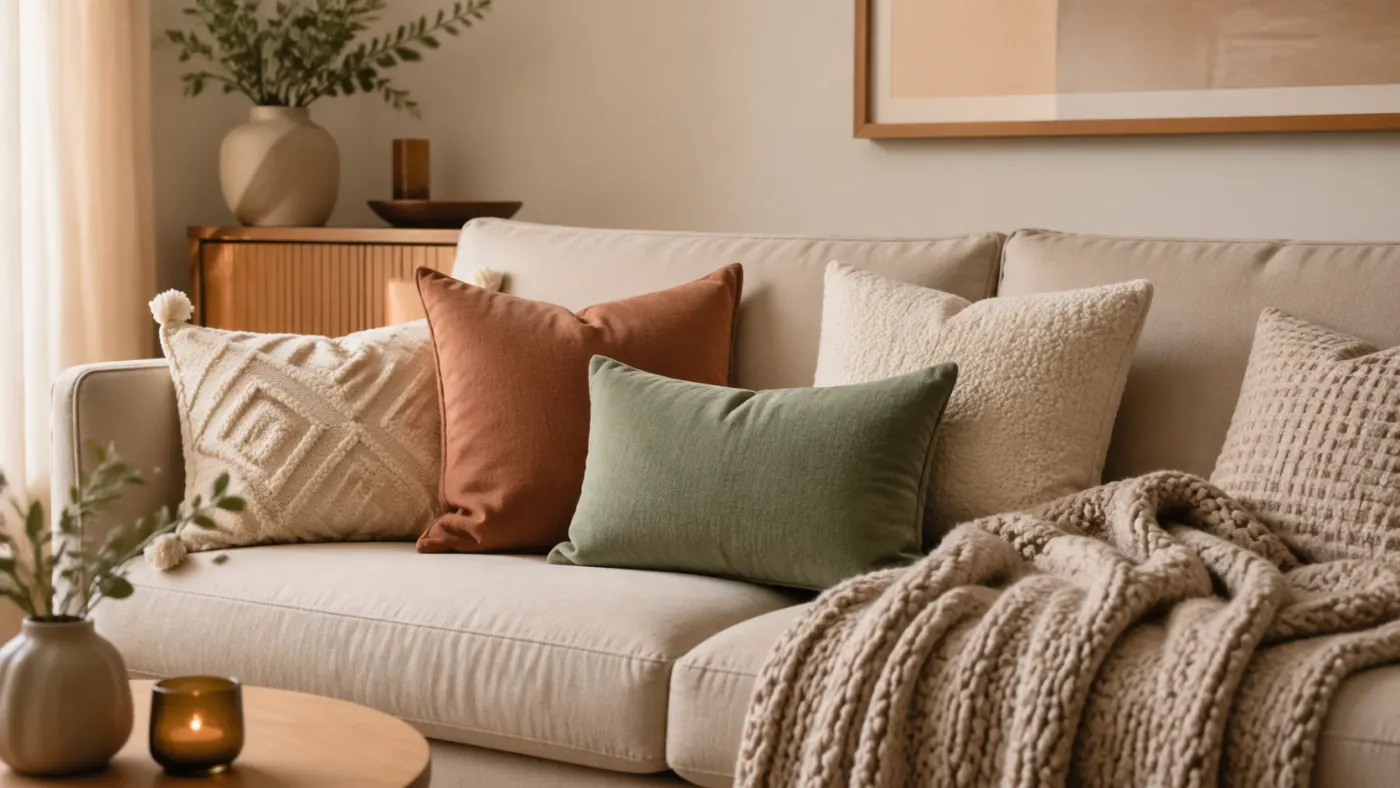 Beiges Sofa mit Kissen in Creme, Terracotta und Salbei sowie Strickdecke