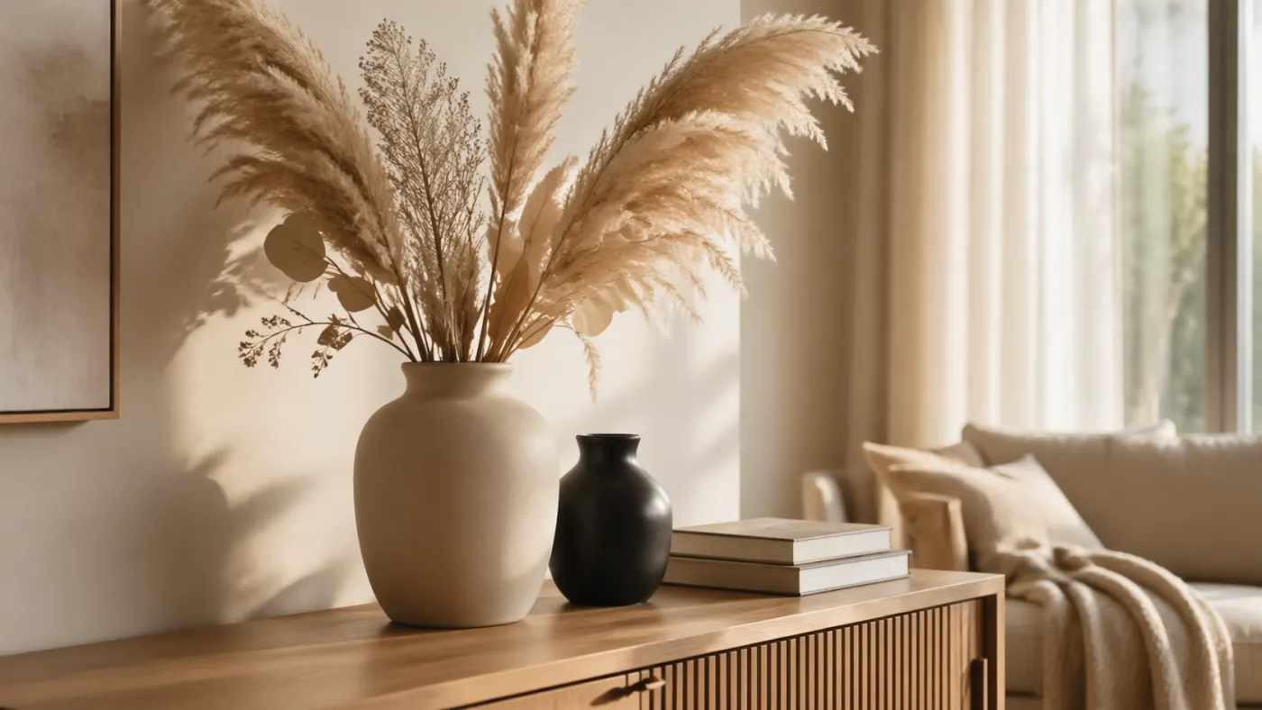 Keramikvase mit Pampasgras auf Sideboard in warmem Wohnzimmer