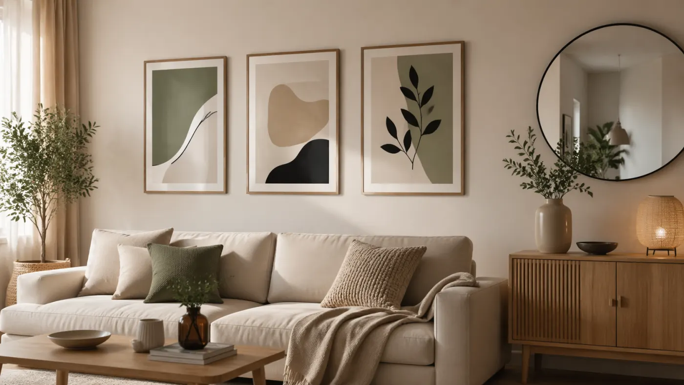 Wohnzimmerwand mit abstrakten Bildern und rundem Spiegel über Sofa